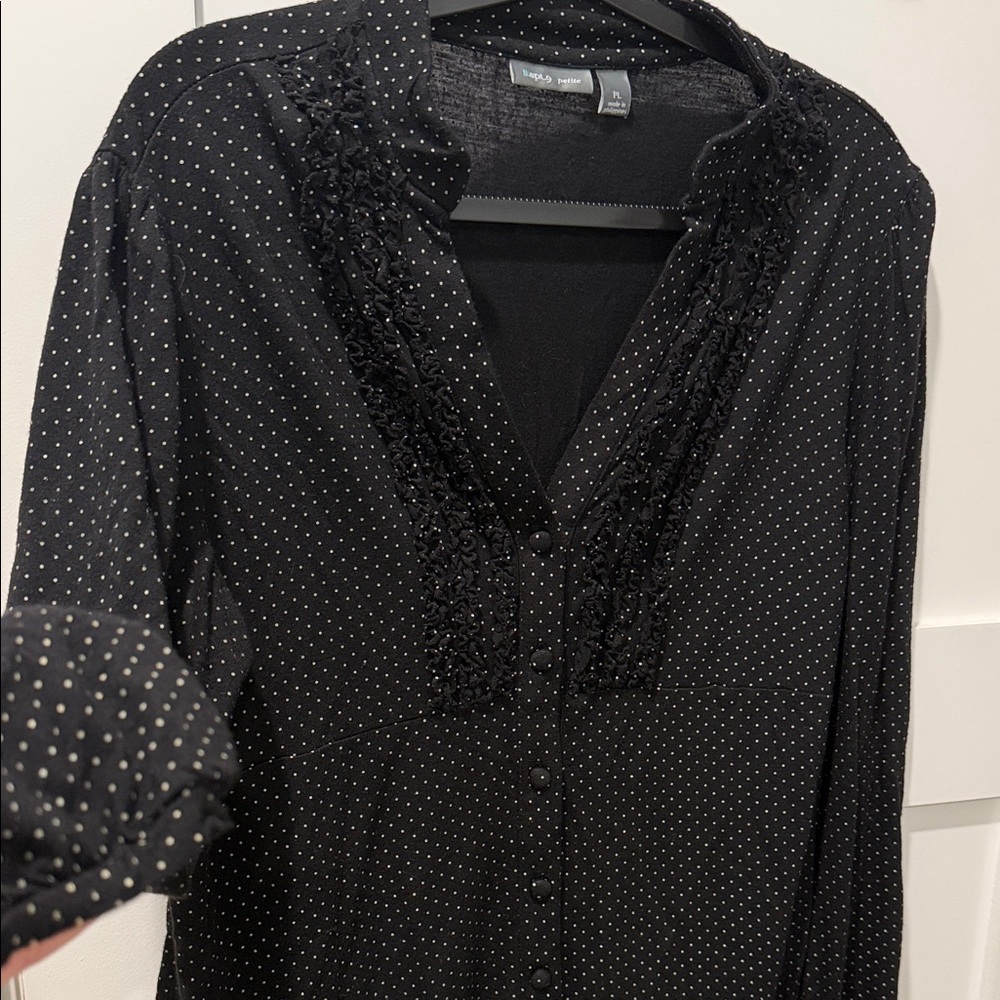 Black Polka Dot Blouse classic feminine soft dressy button ruffle detail Size PL